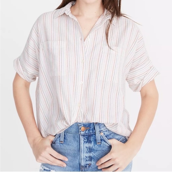 Madewell Tops - Madewell Courier White Shirt in Stitched Rainbow Stripe XL